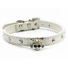 Bbmmayy Cute Dazzling Sparkling Elegant Fancy Skull Diamond Crystal Rhinestone Leather Small Pet Dog Cat Collar Puppy (XS, White)