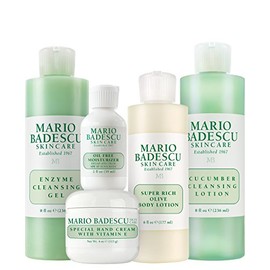 Mario Badescu MB Favourites Collection, set de regalo para el cuidado de la piel que incluye humectante SPF 17, gel limpiador enzimático, loción limpiadora de pepino, crema de manos, loción corporal, bolsa de cosméticos y espejo compacto