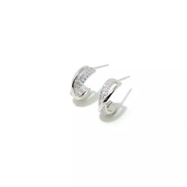 C Shape Double Round Circle Crystal Twisted Hoop Earrings in Rose Gold or White Gold colour. Pink Bowknot Earring Box included (White Gold)