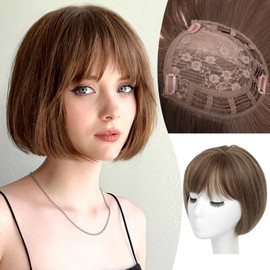 Civrie Hair Toppers for Women with Bangs Short Bob Synthetic Hair Pieces for Thinning Hair Side Part Hair Toppers for Women Brown with Highlights