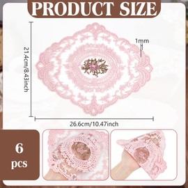 BENECREAT Pack of 6 Pink Retro Lace Placemats, 26.6 x 21.4 cm, Oval Embroidered Placemats, Lace Doilies for Home, Wedding, Coasters, Cup