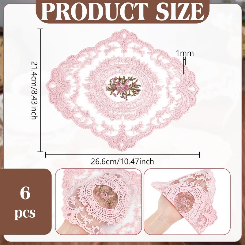 BENECREAT Pack of 6 Pink Retro Lace Placemats, 26.6 x