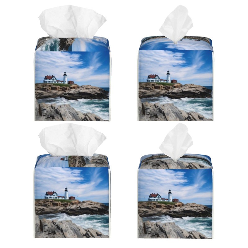 Square Tissue Boxes 5.2"x5.2"x5.2", Sea Lighthouse Tissue Holder Decor for