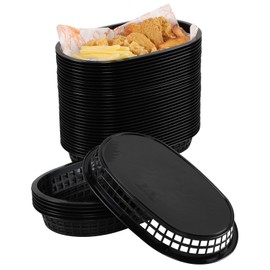 Ziglous 40 Packs Plastic Fast Food Baskets, 10.62 X 6.81 Inch Reusable Oval Food Serving Baskets, Black