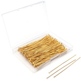 Eye Pins 70mm/2.76inch 200PCS 3 Colors 6 Styles Open Eyepins and Headpins for Jewelry Making (Head Pins, Gold Plated)