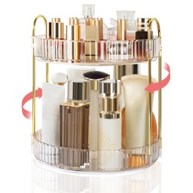 Boxalls Makeup Organiser Rotatable, 2 Tier Bathroom Organiser, 360 Degree Large Capacity, Cosmetic Storage, Dressing Table Rotating Organiser, Skincare Carousel (2 Layers, Transparent)