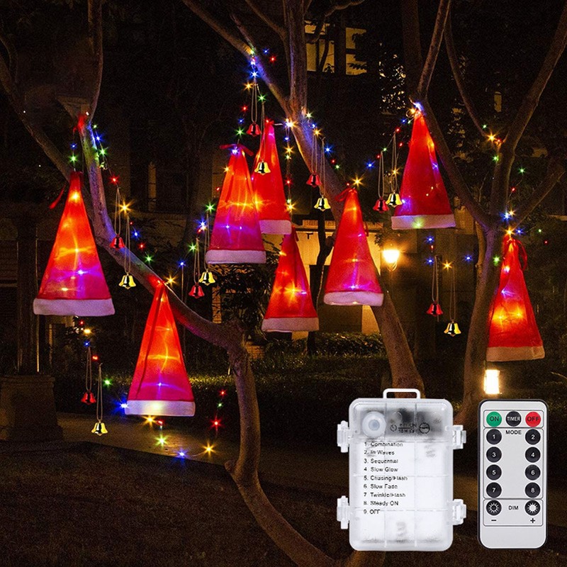 Hanging Lighted Glowing Santa Hats with Bells Battery Powered Fairy