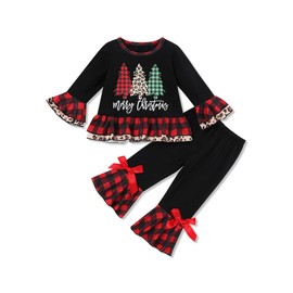 Conjunto de ropa de Navidad para bebé y niña con letras divertidas + pantalones de campana con volantes, ropa de Navidad, Verde, 2-3T
