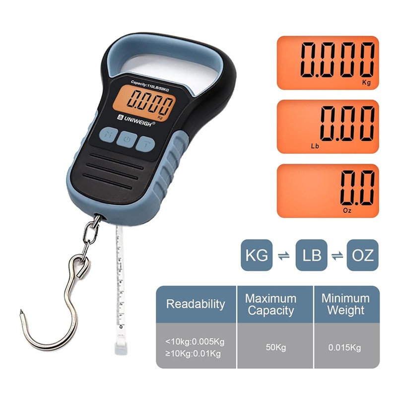 UNIWEIGH Digital Fishing Scale with Lip Gripper,Tape and Ruler,110lb/50kg Postal