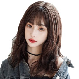 CANVUE Wig, Semi-Long, Full Wig, Natural, Women's Wig, Small Face, Cute, Medium, Curly Hair, Everyday Use, Curly Waves, Net Included (Dark Brown)