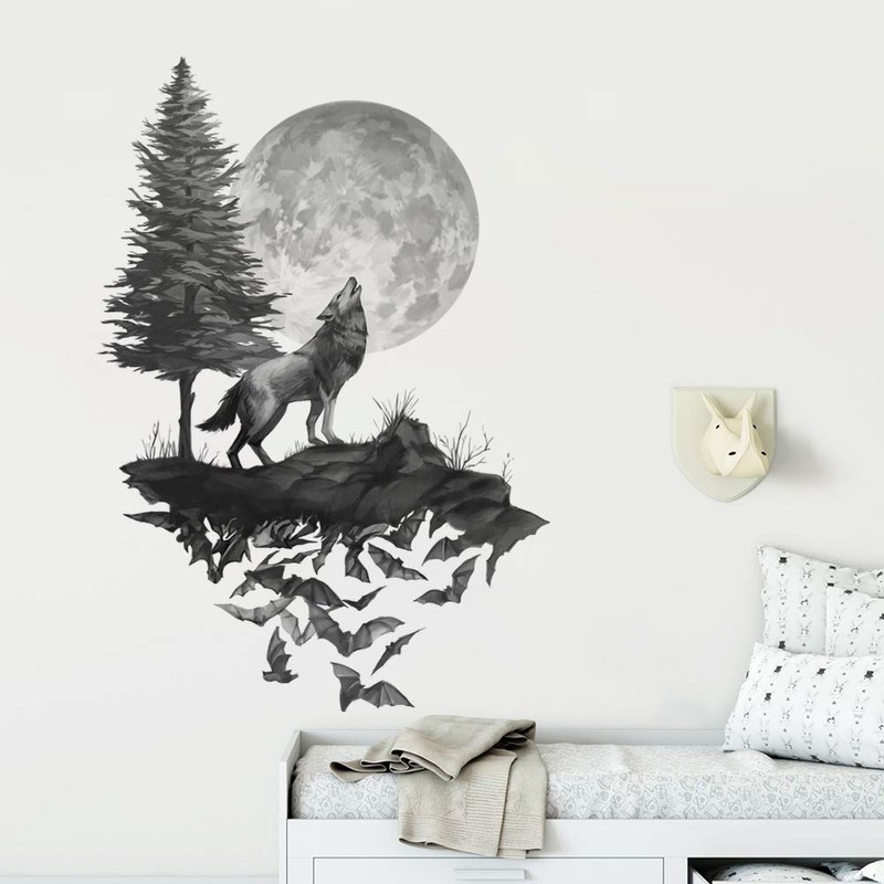 Runtoo Wolf Wall Decals Moon Wall Art Stickers Bedroom Living