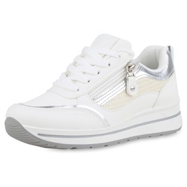 VAN HILL Women's Platform Trainers with Wedge Heel Zip Metallic, Metallic White, 39 EU