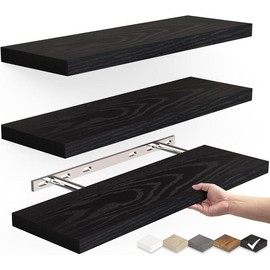 Set of 3 Floating Wall Shelves in Black - Rustic Wood Shelves for Bathroom, Bedroom, Living Room, and Kitchen. Wooden - Color: Rustic Brown