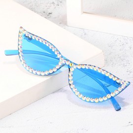 Diamond Cat Eye Sunglasses Fashion Crystal Rhinestone Vintage Frame Brand Design Sun Glasses Retro for Female UV400 (blue)