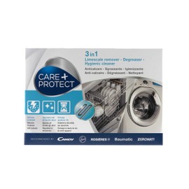 CARE+PROTECT – 3-in-1-Entkalker für Wasch- und Geschirrspülmaschinen / Universalreiniger und Fettlöser / beseitigt unangenehme Gerüche / energiesparend / Pulver in 12 Portionsbeuteln