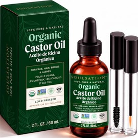 SOULSATION - Aceite de ricino orgánico para pestañas, cabello y piel (2 oz con kit para pestañas) | 100% puro, natural, prensado en frío