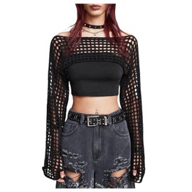 Verdusa Women's Hollow Out Sheer Shrug Sweaters Crochet Boat Neck Bell Sleeve Knit Pullovers Tops Black Small