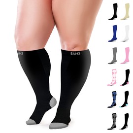 BAMS Plus Size Compression Socks Wide Calf XL XXL XXXL – Graduated Knee-High Support, Viscose from Bamboo Easy-On/Easy-Off (Black with Gray, XXL)