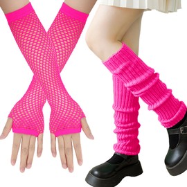 XIEXIESHER 3 Pairs Elastic Leg Warmers and Mesh Gloves Set, Women's Cotton Long and Short Mesh Gloves, Soft Sports Gift, Dance, Sports, Gym, Mountain Tours, pink