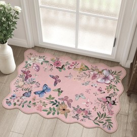 Rugalia Washable Scalloped Butterfly Entryway Rug, 2x3 Pink Non-Slip Boho Indoor Door Mat Ultra Thin Soft Small Kitchen Rug, Modern Botanical Floral Throw Carpet for Bathroom Entrance Bedroom