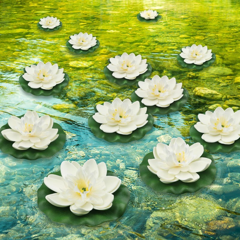 QUOZUO 12pcs Artificial Floating Foam Lotus Flowers with Lily Pads,