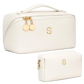 CLOUDWINGS Initial Makeup Bag, Large Capacity Travel Cosmetic Bag Set, Open Flat Makeup Organizer With Clear Divider and Handle, Gifts for women, Beige, S