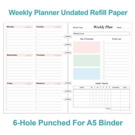 Yaridar Weekly Planner Refills for A5 Binders - 53 Sheets/106 Pages Undated Colorful Weekly Planner, 6-Hole Punched, 100 gsm White Paper, Lasts 1 Year, Undated, 5.8" x 8.3"