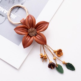 Giftale Genuine Leather Flower Tassel Keychain Car Keyring Fob Boho Accessorie for Women, Lily-brown, Large