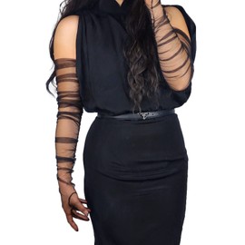 DooWay Women Extra Long Tulle Gloves Black 35" Veiling Sheer Gathered Sleeves Wedding Evening Gloves