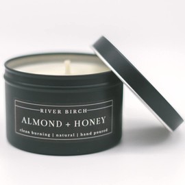 River Birch Candles Almond + Honey Scented Candle | Premium, All-Natural, Non-Toxic, Soy Candles | 8 oz. Black Matte Tin Travel Candle | Cozy Relaxing Gifts for Home