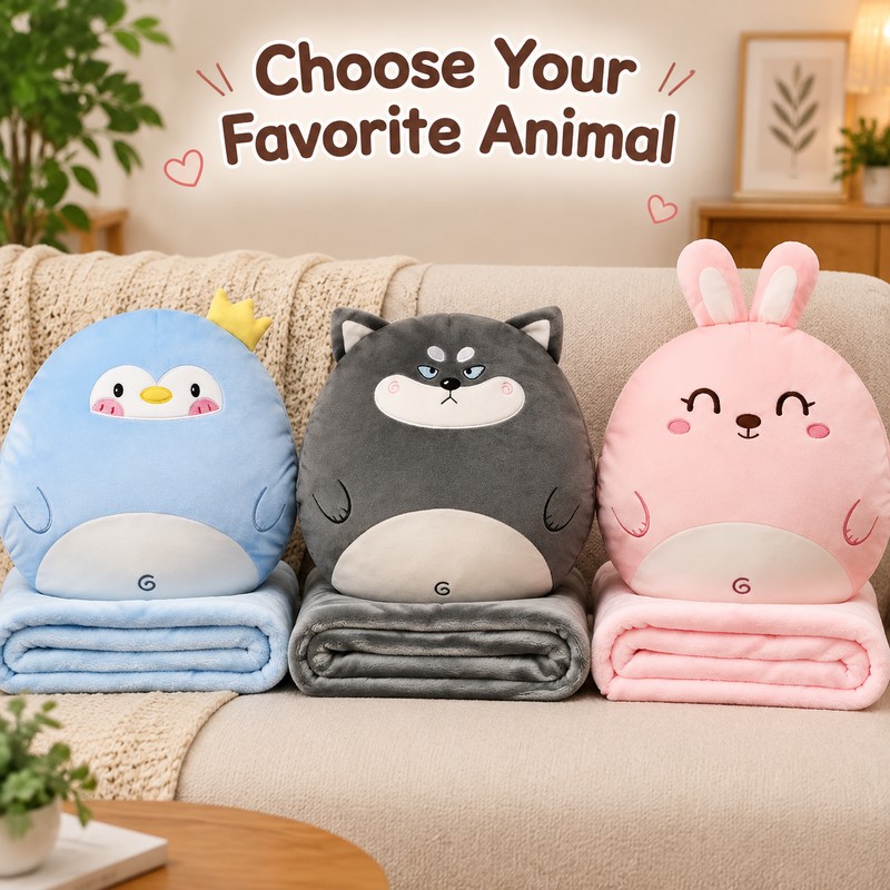 3-in-1 Cartoon Animal Pillow Blanket with Hand Warmer Pocket –