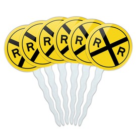 Set of 6 Cupcake Picks Toppers Decoration Symbols - Railroad Crossing Traffic Sign Train