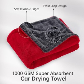 LIVOS Extra Large Car Drying Towel, Twisted Terry Microfiber Towels for Cars, 1000GSM Professional Quick Dry Cleaning Cloth for Car, Scratch-Free, Absorbent Wash Towel, 25" x 36" (Red&Grey)