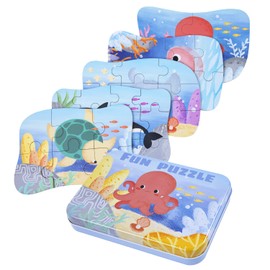 Sea Animal Puzzles for 3 4 5 6 Year Olds, 5-in-1 Jigsaw Puzzles with Iron Box for Storage, Puzzle Toys Gifts for Boys, Girls, Kids and Children (Sea Animal Puzzles)