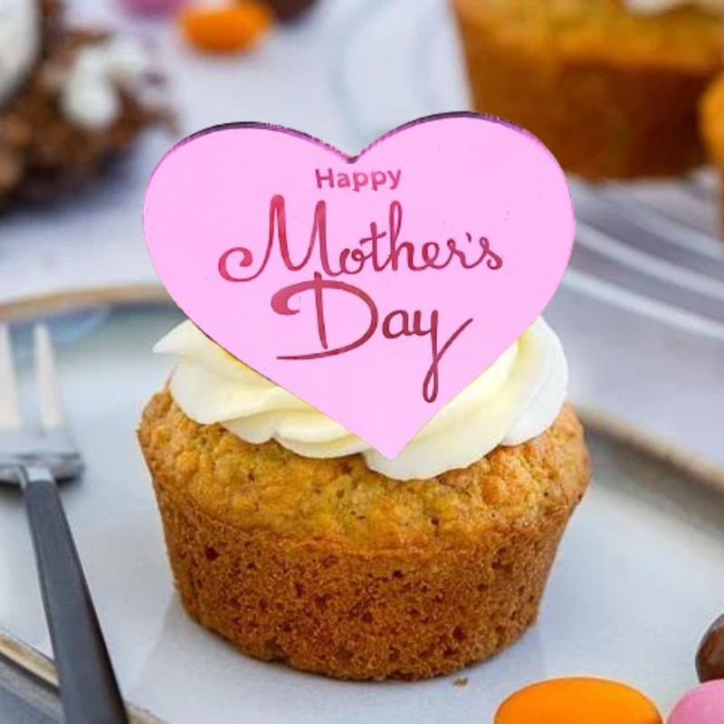 6x Mother's Day Acrylic Cupcake Toppers - Heart Shaped Gold