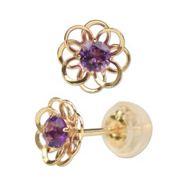 Four Leaf Clover: Ma731 Flower, Amethyst Earrings, February Birthstone, 10k K10, 10K Gold, Delicate, Cute, Women's, Stone Gemstone, Amethyst