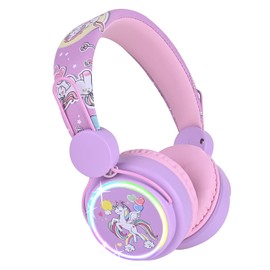 FLOKYU - Auriculares para niños, unicornio, luz LED que cambia de color, inalámbricos, Bluetooth para niños, niñas, escuela, anime, auriculares Bluetooth con micrófono (púrpura)