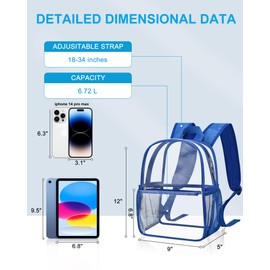 Paxiland Clear Backpack Stadium Approved, Size 12x9x4 Small Clear Bag for Stadium Events with Front Pocket, See Through Backpack for Sport Events Concert, Blue