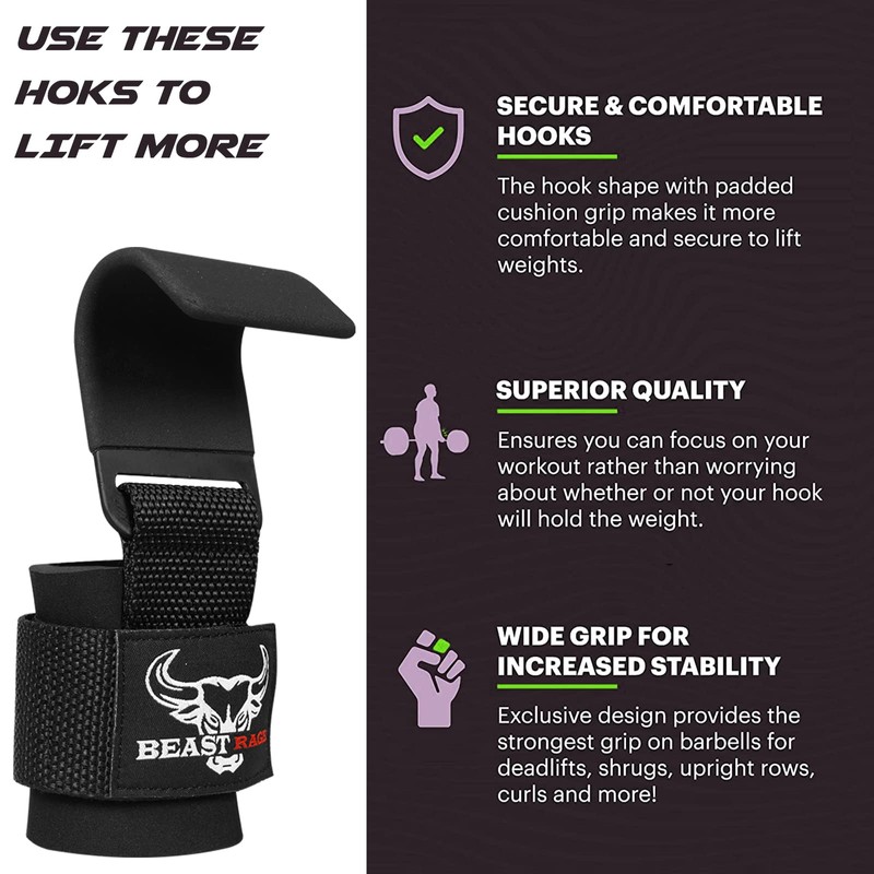 Weight Lifting Hooks Non-Slip Rubber Coated Grip Wrist Hooks Lifting