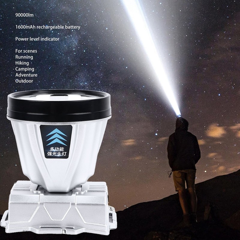 Super Bright Headlamp 90000lm Silver Rechargeable 1600mAh Battery Adjustable Headband