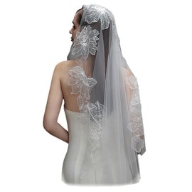 Ayervici Women's Floral Appliqued Wedding Veil Short Fingertip Length 1 Tier Bridal Veil with Metal Comb (100cm/39,Off White)