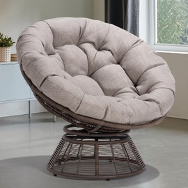 Bme Silver - Brown Bee Base 40" Ergonomic Wicker Papasan Chair with Soft Thick Density Fabric Cushion, Bee-Designed Base, High Capacity Steel Frame, 360 Degree Swivel for Living, Bedroom, Reading Room