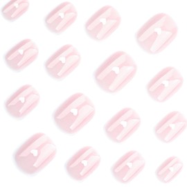 Press on Nails Short Square Fake Nails Nude False Nails with White Heart Design Glue on Nails Glossy Full Cover Stick on Nails Pink Acrylic Nails Cute Artificial Nails for Women Manicure 24Pcs