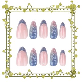 LOPMNGHT Press on Nails Medium Almond Artificial Acrylic Nail French Gradient 3D Fish Scales Unique Design Stick on Nail Full Cover Reusable Coffin Artificial Fingernails for Women Manicure 24Pcs