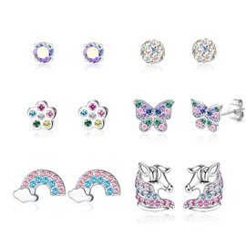 Sanfenly 6 Pairs 925 Sterling Silver Kids Earrings for Girls Silver Earrings Cubic Zirconia Stud Earrings Hypoallergenic Heart Star Earrings for Girls Women