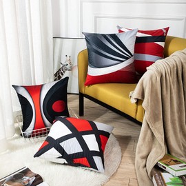 ZHILING Set of 4 Cushion Covers, 45 x 45 cm, Modern Abstract Red Stripes, Grey, Black, White, Acrylic, Bold Grey, Decorative Cushion Covers, Home Decor, Square Cushion Cover, 18 x 18 Inches