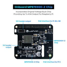 LAFVIN POE HAT for Raspberry Pi 5/4B/3B+, IEEE 802.3af/at Compliant, 5V 4.5A & 12V 2A Dual Output, PoE Ethernet Power Supply Expansion Board with GPIO Header & Installation Kit