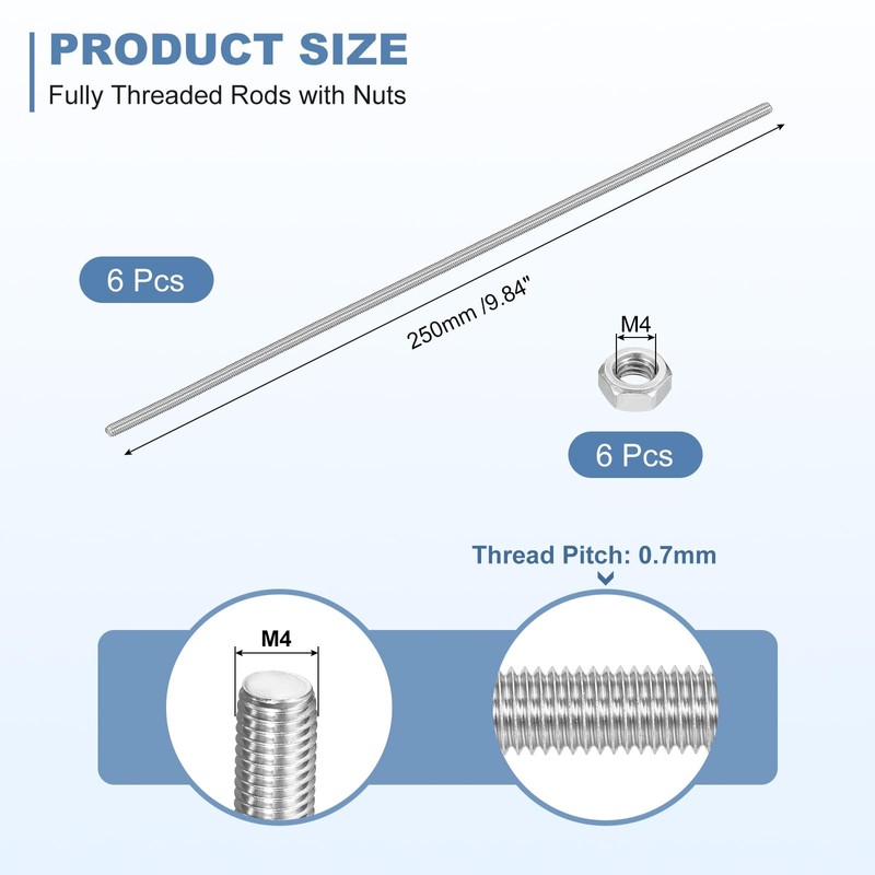 sourcing map 6Set M4-0.7x250mm Fully Threaded Rods, Threaded Rods Bar