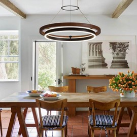 Black Wood Chandelier Ring 24" Modern LED Chandelier with Remote Control, Farmhouse Dining Room Light Fixture Circular Chandeliers Dimmable Pendant Light for Entry Bedroom Living Room Foyer Kitchen