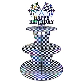 Iridescent Racing Car 3-Tier Cardboard Cupcake Stand, Black and White Holographic Foil Cupcake Holder Car Theme Dessert Stand for Racing Cars Birthday Party Supplies Decor